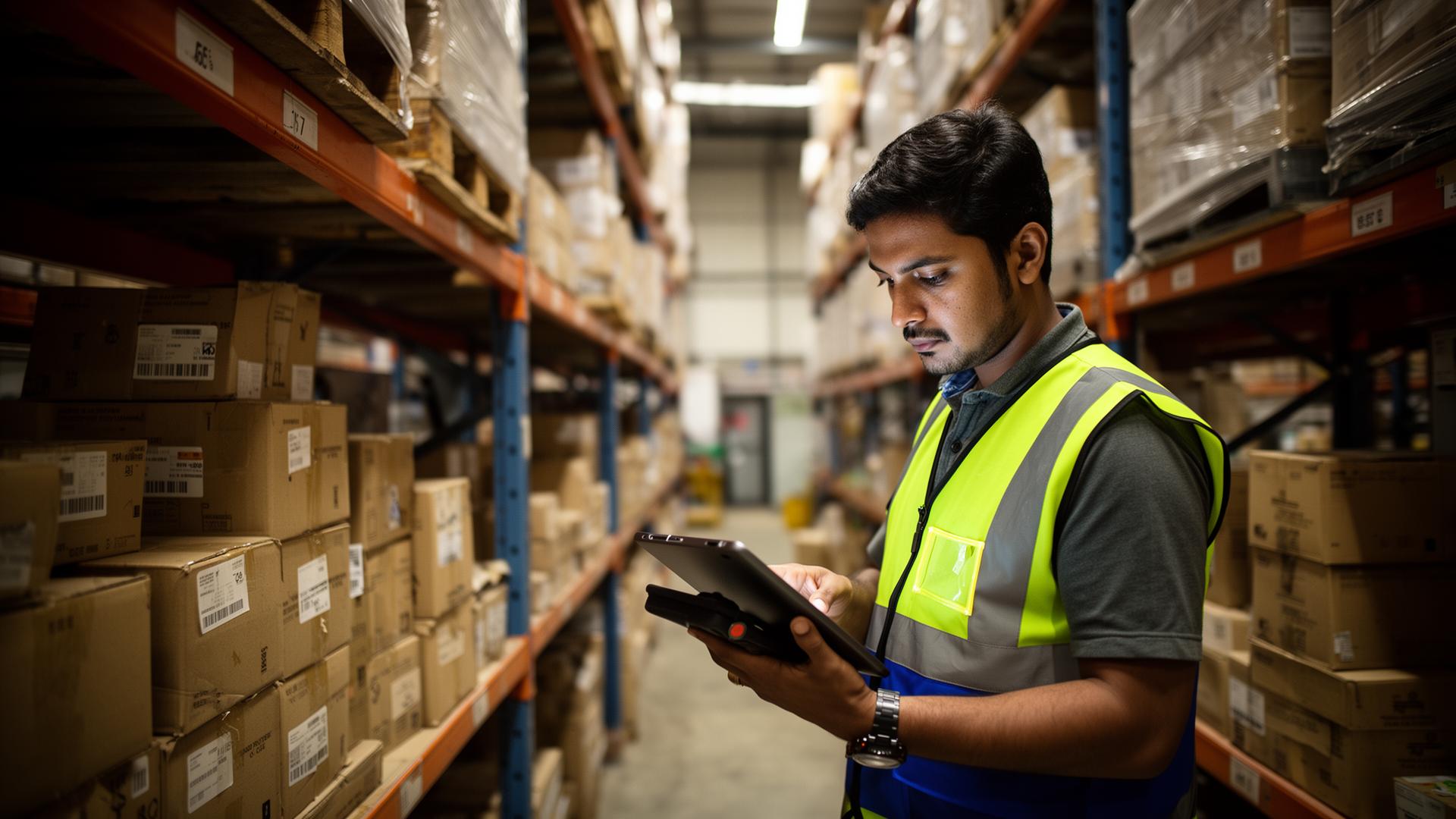Warehouse supervisor inspecting inventory with a tablet